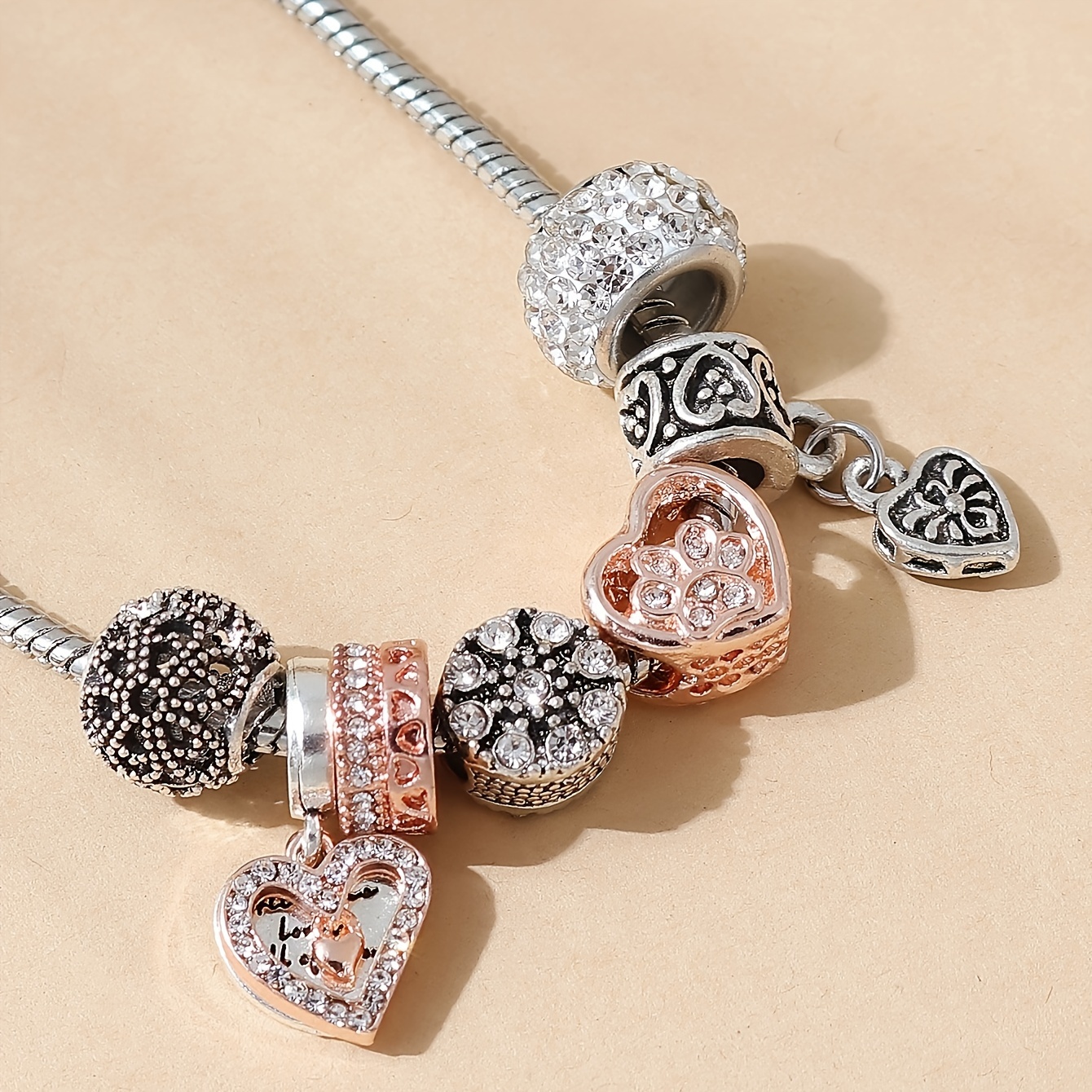 Women's Copper Love Heart Pendant Beaded Bracelet